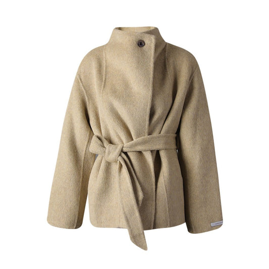 Beige Wool Coat With Wrap Belt, Soft Texture