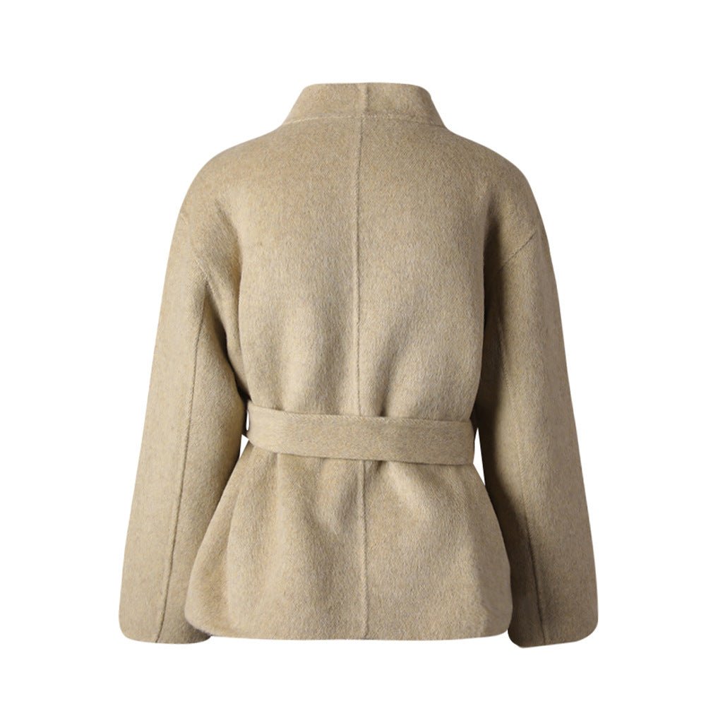 Beige Wool Coat With Wrap Belt, Soft Texture
