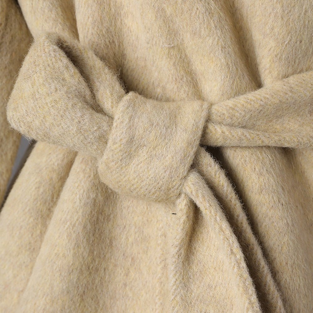 Beige Wool Coat With Wrap Belt, Soft Texture