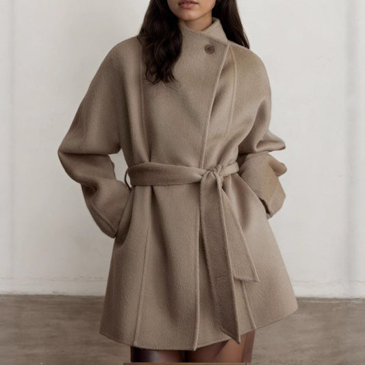 Beige Wool Coat With Wrap Belt, Soft Texture