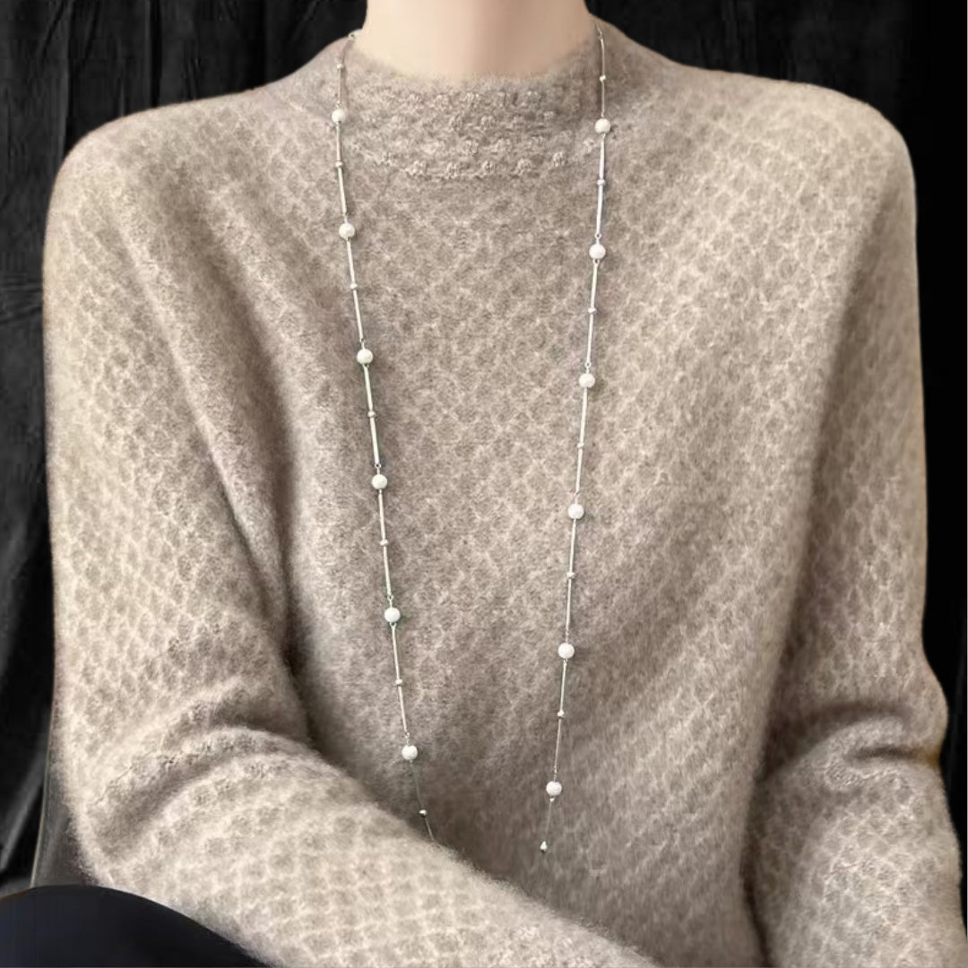 Casual Cashmere Sweater With Elegant Crochet And Semi-High Collar