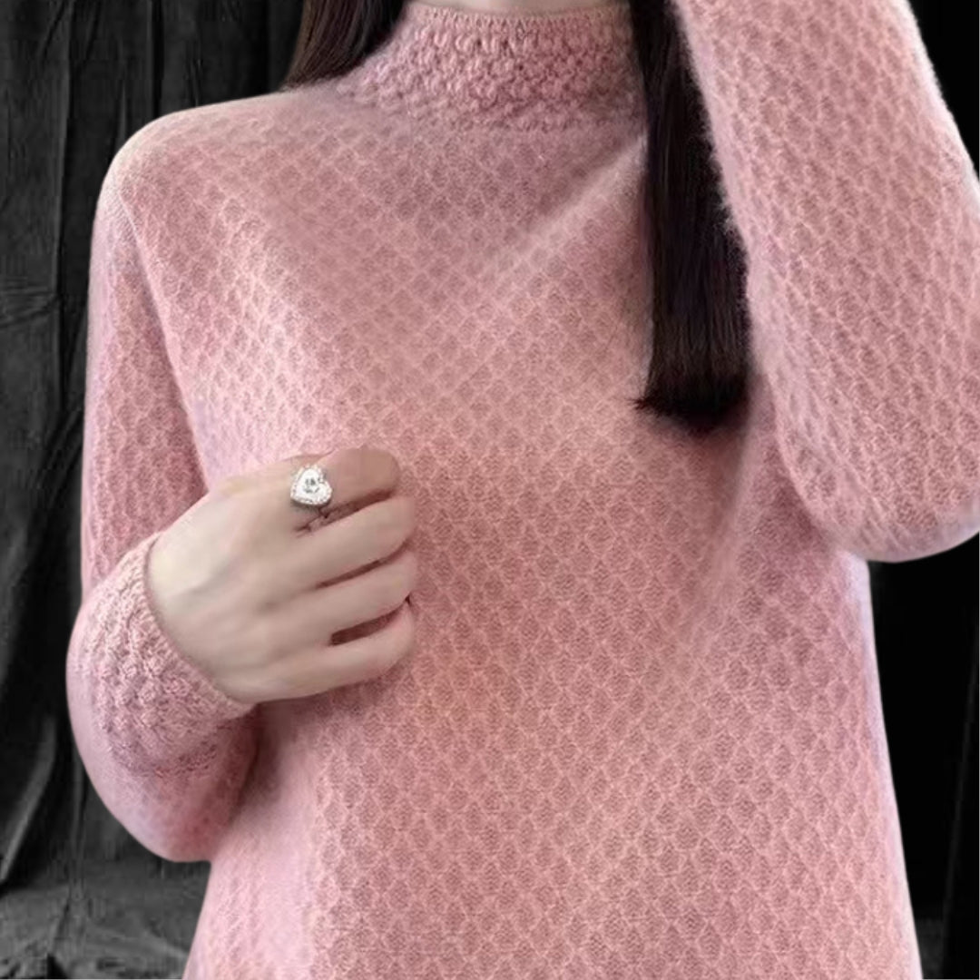Casual Cashmere Sweater With Elegant Crochet And Semi-High Collar