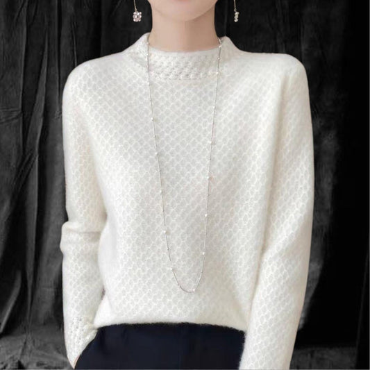 Casual Cashmere Sweater With Elegant Crochet And Semi-High Collar
